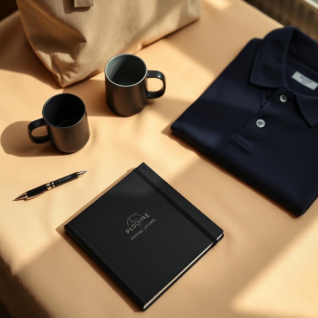 Curated corporate merchandise: notebooks, pens, mugs, tote bag and apparel